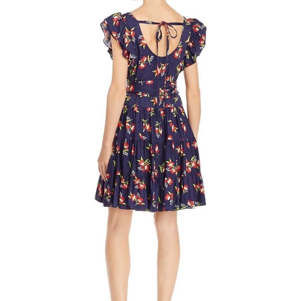 Jill Stuart Navy Back Cut Out Floral Cap Sleeve Scoop Neck Short Fit Dress Sz S